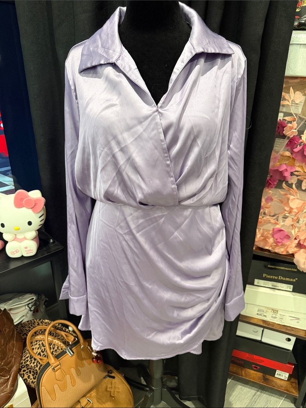 Lilac Satin Wrap-Front Tunic Top